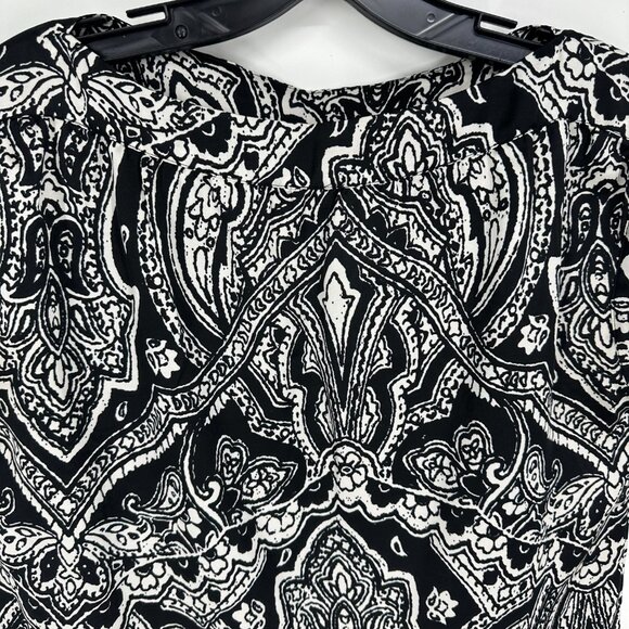 Talbots Paisley Blouse Top Cap Sleeve Satin Boat Neck Black White Work Classic - Picture 6 of 7
